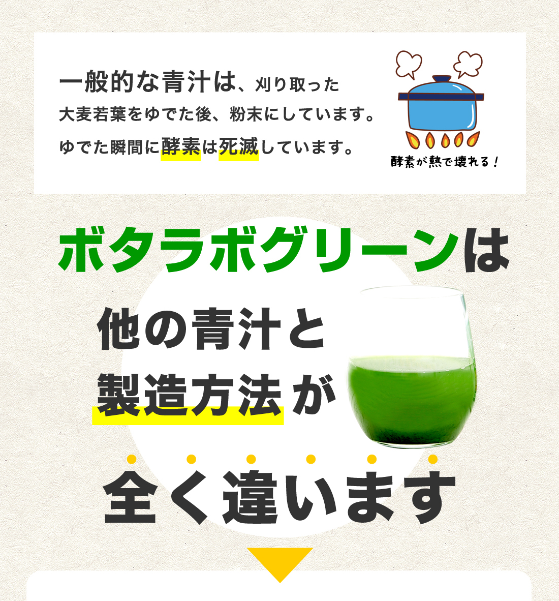 一般的な青汁は、刈り取った
大麦若葉をゆでた後、粉末にしています。
ゆでた瞬間に酵素は死滅しています。
ボタラボグリーンは
他の青汁と
製造方法が
全く違います